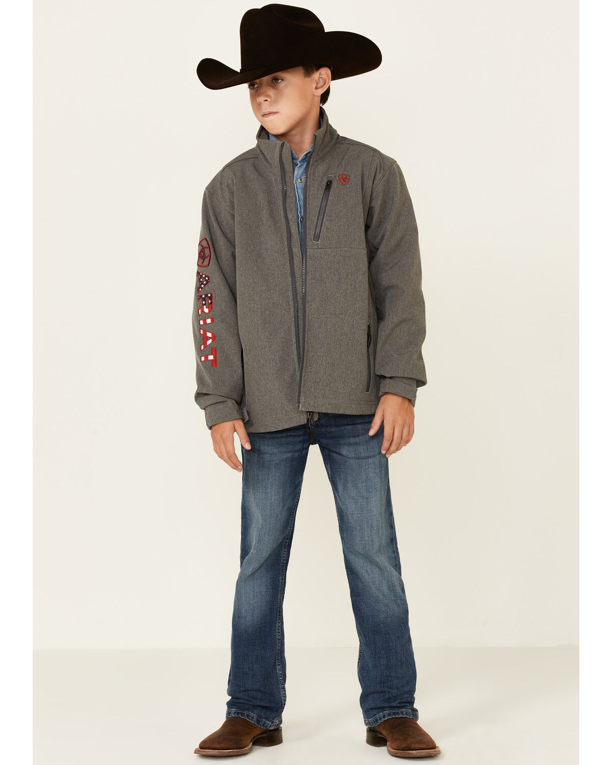Image #2 - Ariat Boys' Americana Logo 2.0 Zip-Front Softshell Jacket, Charcoal, hi-res