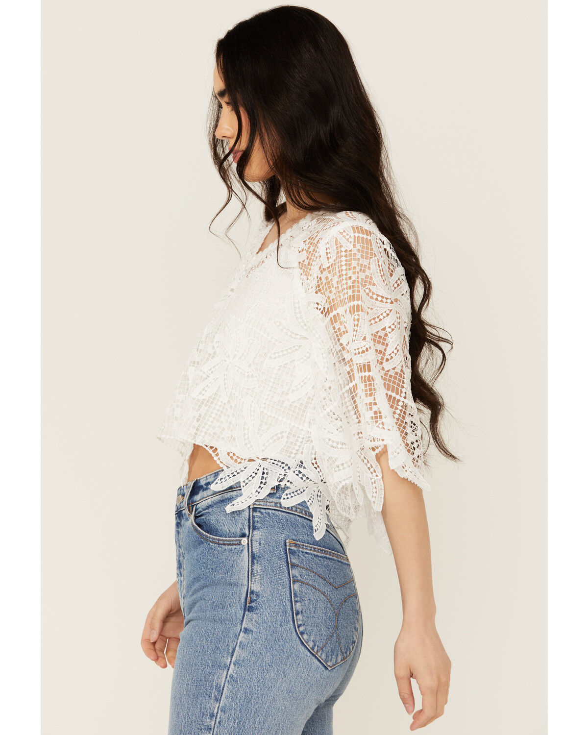 Image #2 - Miss Me Women's Cropped Crochet Flowy Top, White, hi-res