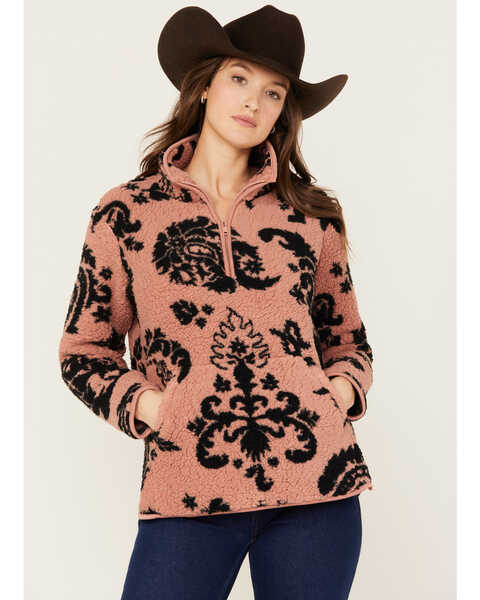 Wrangler Women's Paisley Print Sherpa Pullover, Medium Pink, hi-res