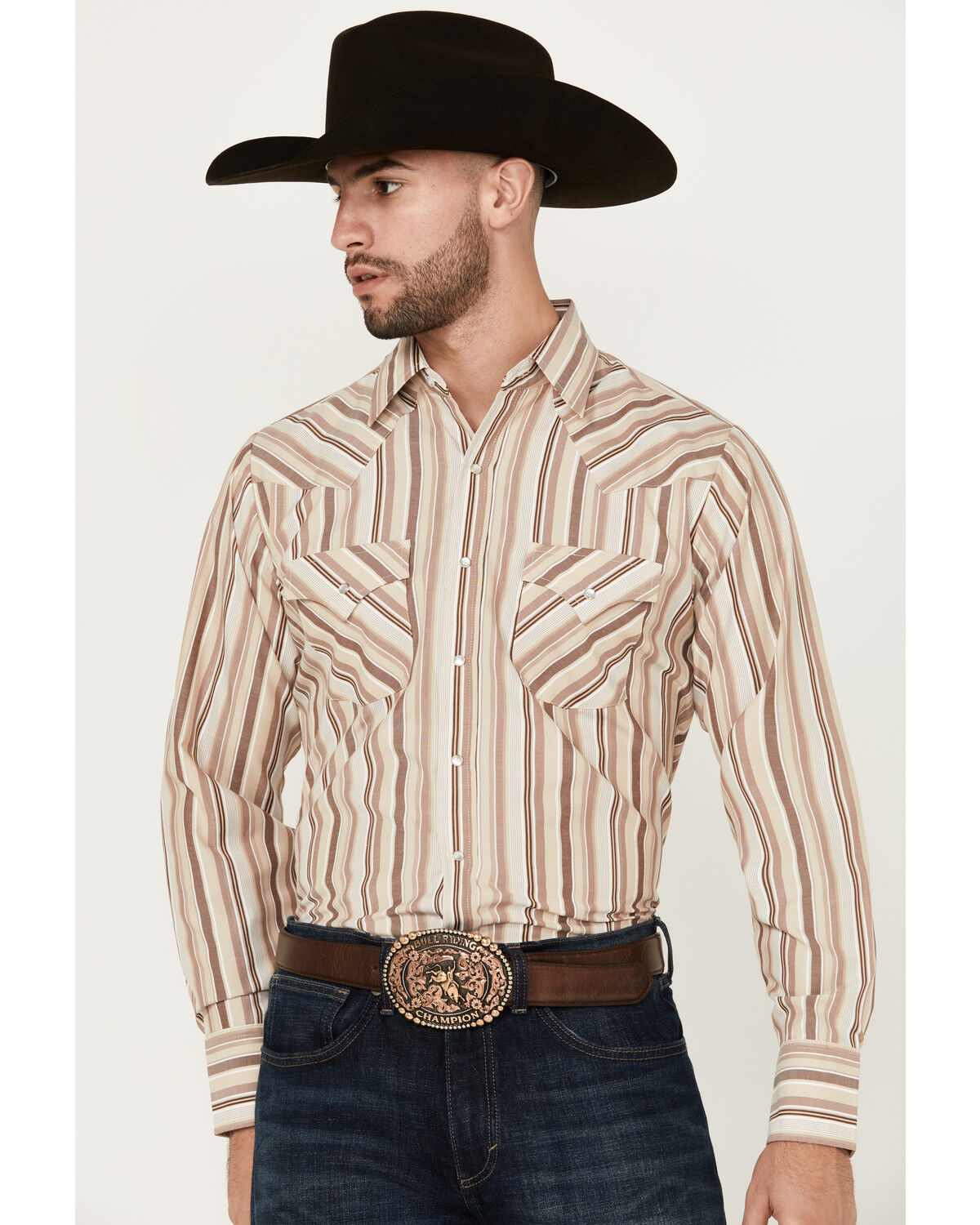 Image #1 - Ely Walker Men's Striped Print Long Sleeve Snap Western Shirt, Tan, hi-res