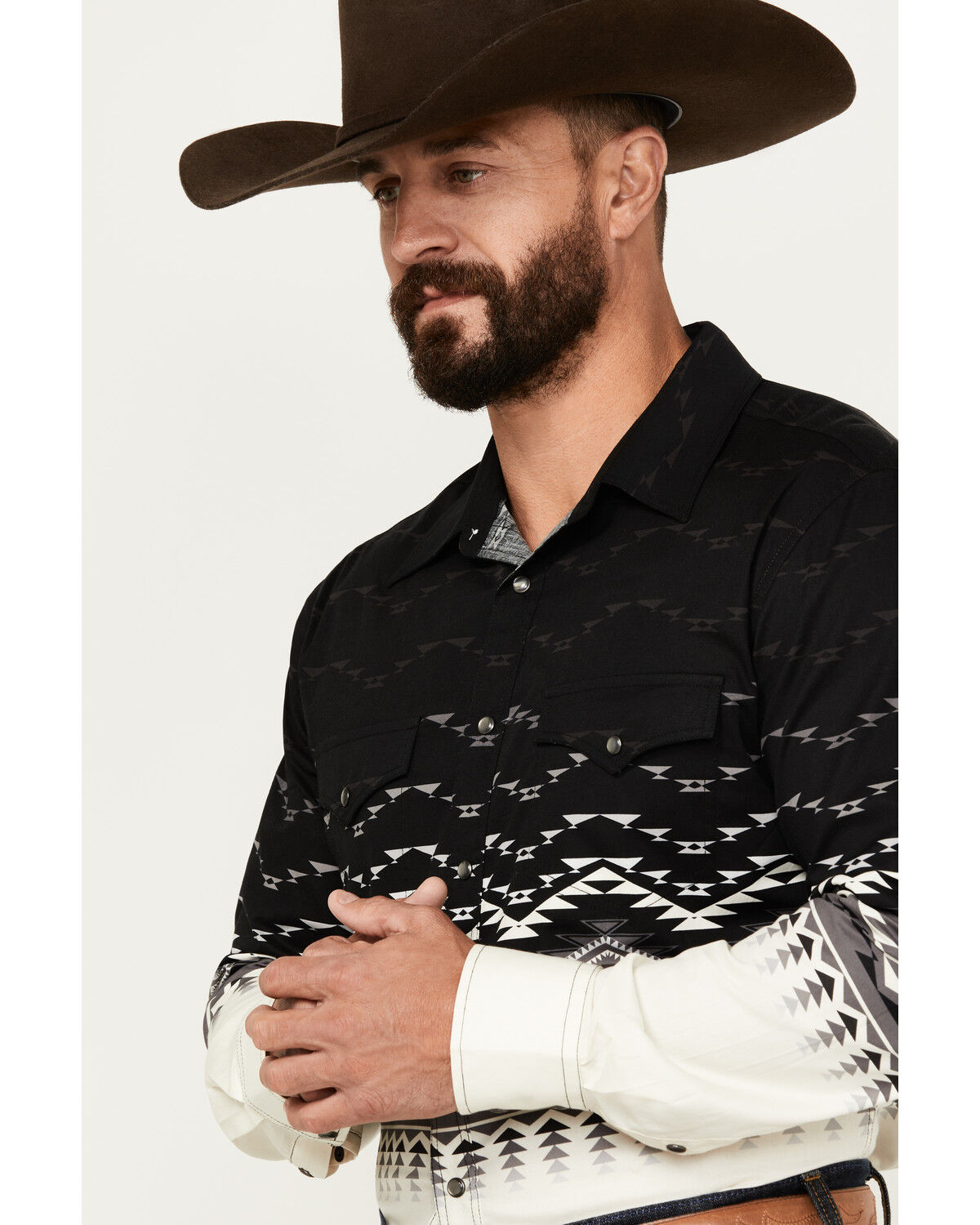 Image #2 - Rock & Roll Denim Men's Southwestern Print Long Sleeve Snap Stretch Western Shirt, Black, hi-res