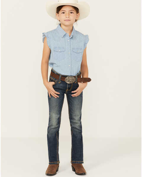 Wrangler Girls' Multi Stitch Bootcut Slim Fit Jeans, Blue, hi-res