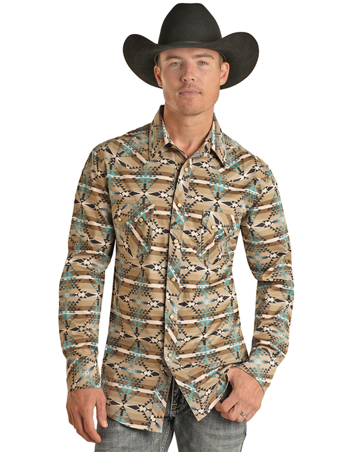 Image #1 - Rock & Roll Denim Men's Southwestern Striped Long Sleeve Snap Stretch Western Shirt, Tan, hi-res