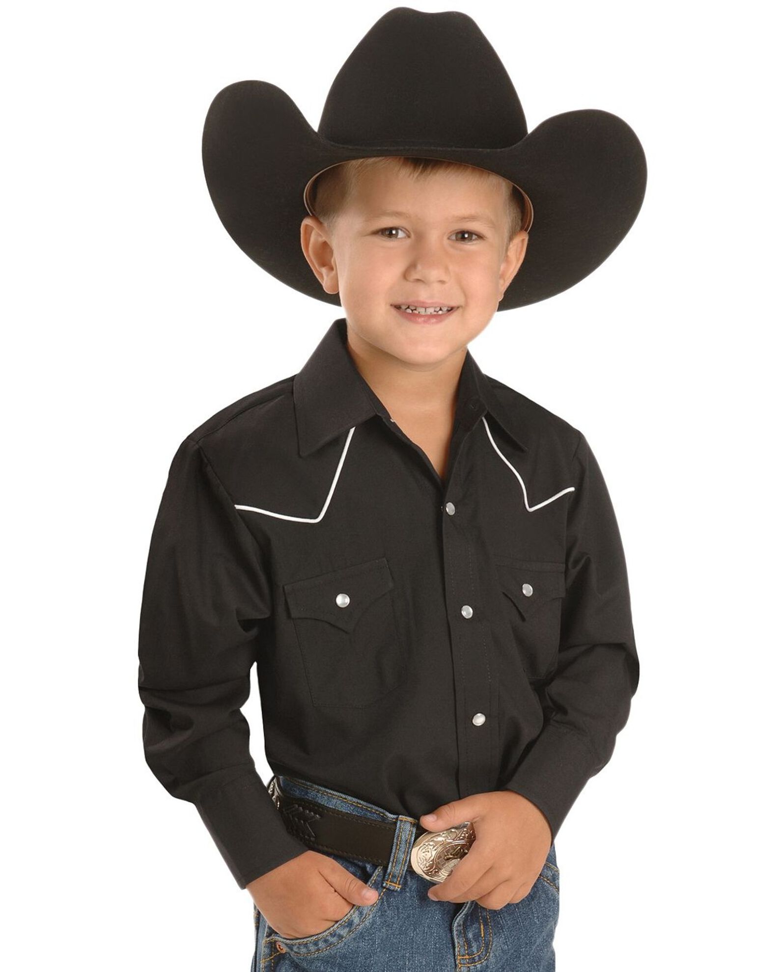 Image #1 - Ely Walker Boys' Solid Long Sleeve Pearl Snap Western Shirt, Black, hi-res