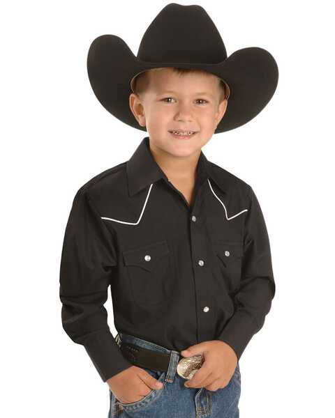 Ely Walker Boys' Solid Long Sleeve Pearl Snap Western Shirt, Black, hi-res
