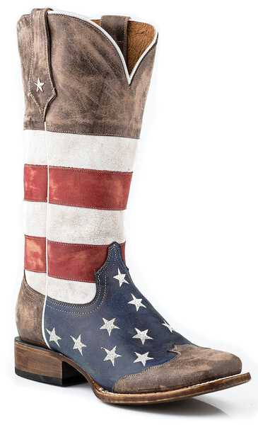 Roper Women's Distressed American Flag Western Boots - Square Toe, Brown, hi-res