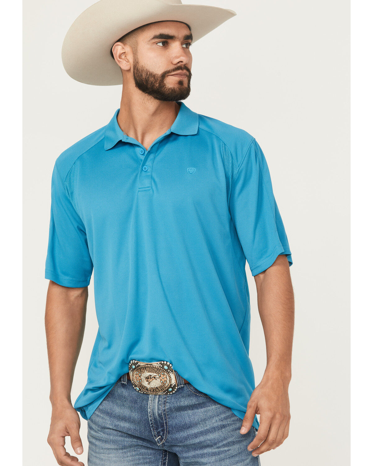 Image #1 - Ariat Men's AC Solid Short Sleeve Button-Down Polo Shirt, Teal, hi-res