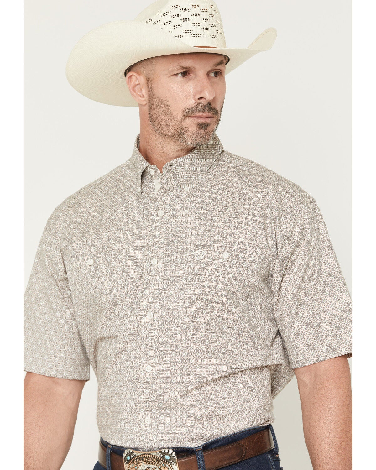 Image #2 - George Strait by Wrangler Men's Floral Geo Print Short Sleeve Button-Down Stretch Western Shirt - Tall, Brown, hi-res