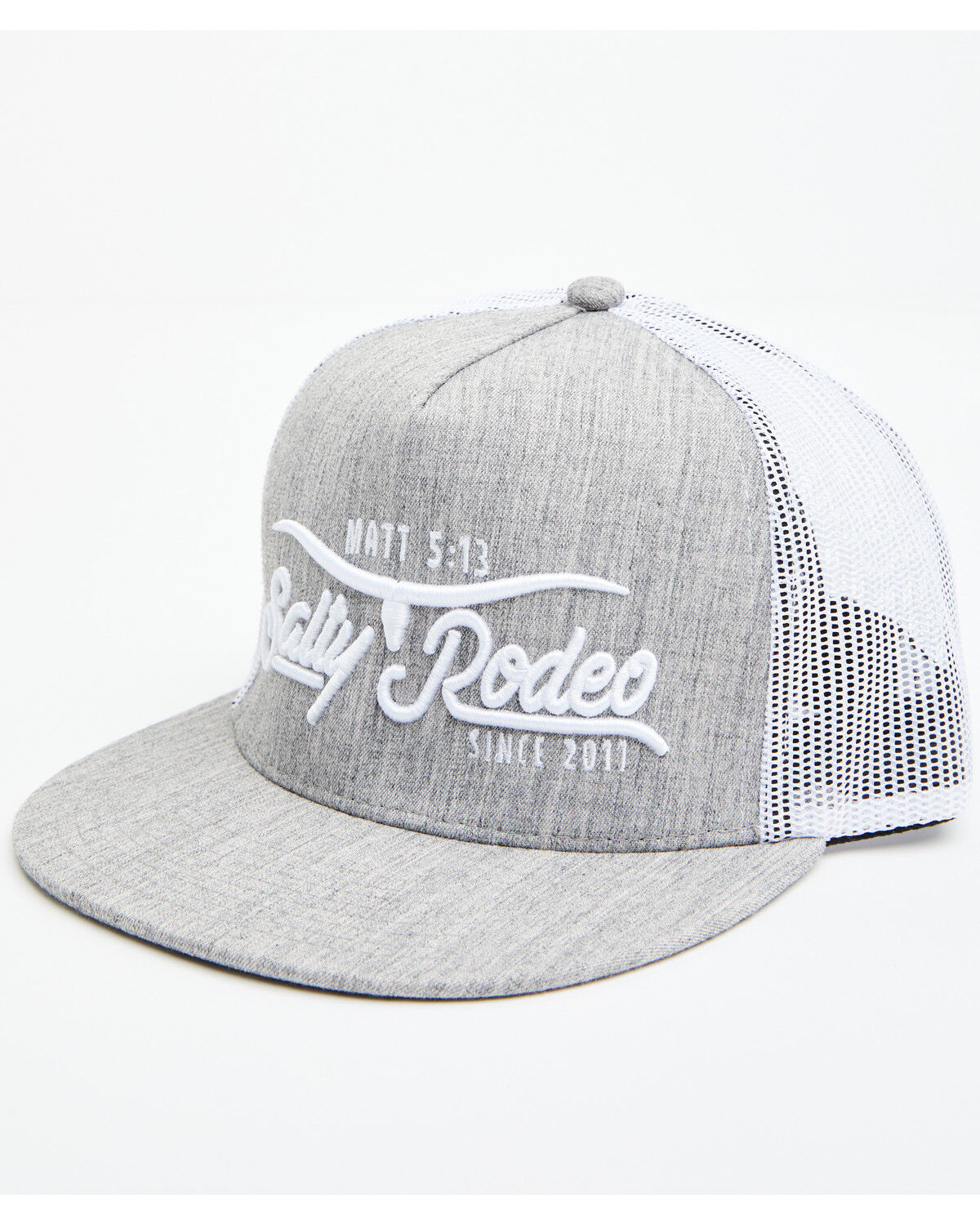 Image #1 - Salty Rodeo Men's Longhorn Logo Embroidered Trucker Cap, Grey, hi-res