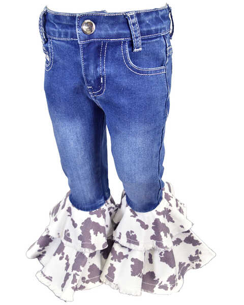 Cowgirl Hardware Toddler Girls' Cow Print Double Flare Denim Jeans , Blue, hi-res
