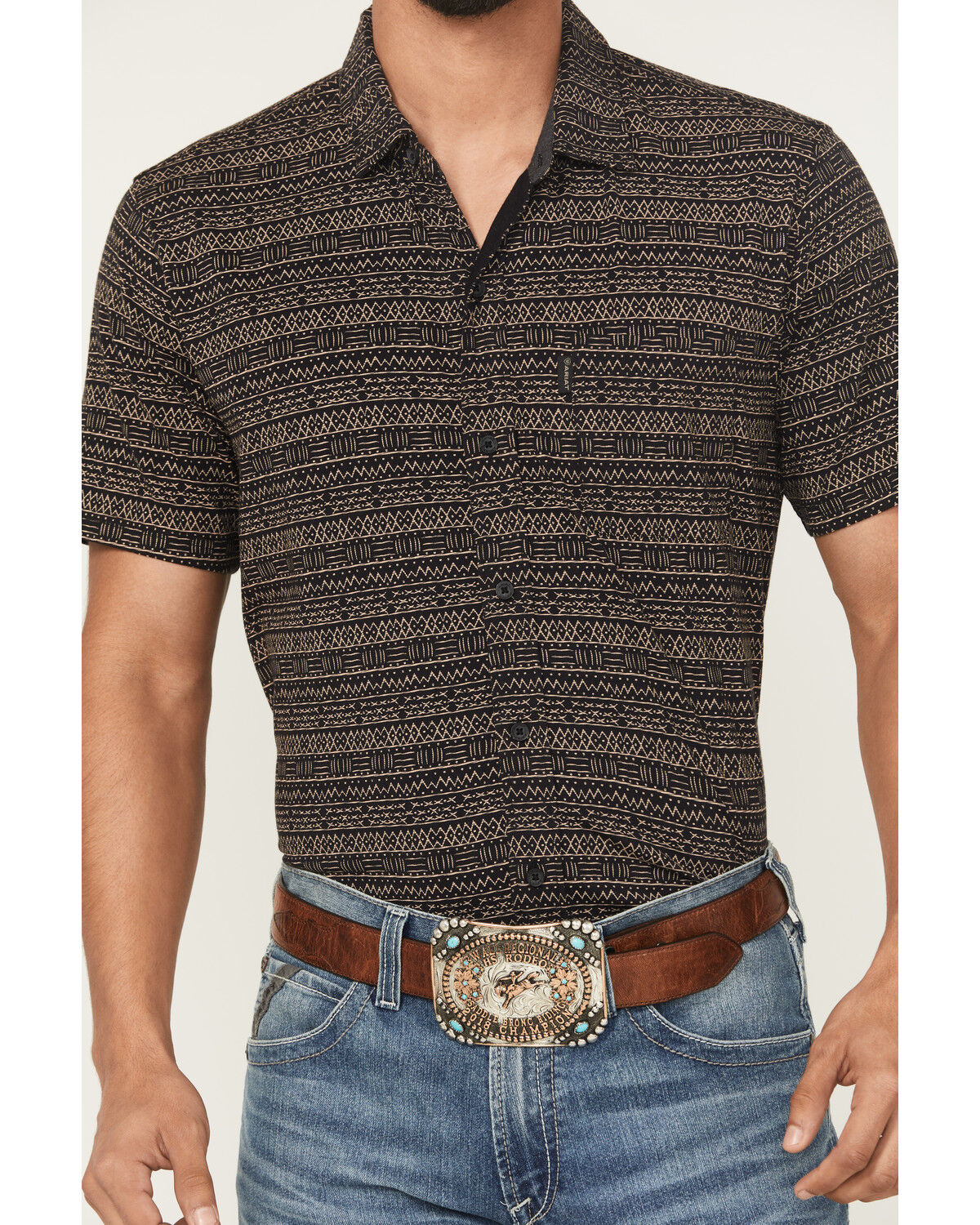 Image #3 - Ariat Men's Retro Southwestern Stripe Print Short Sleeve Button-Down Stretch Western Shirt, Black, hi-res