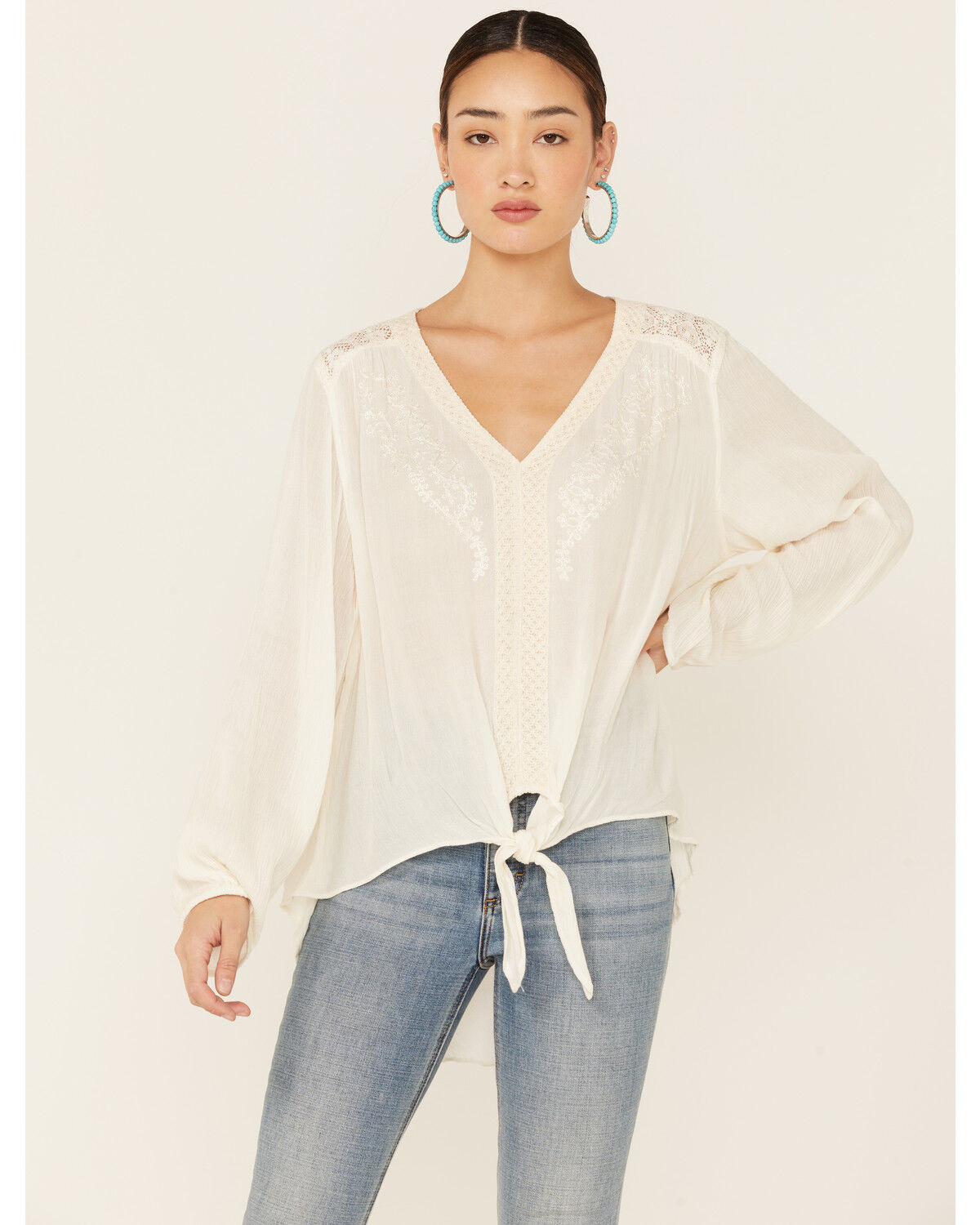 Image #1 - Nostalgia Women's Solid Cream Lace Tie-Front Long Sleeve Top, Cream, hi-res