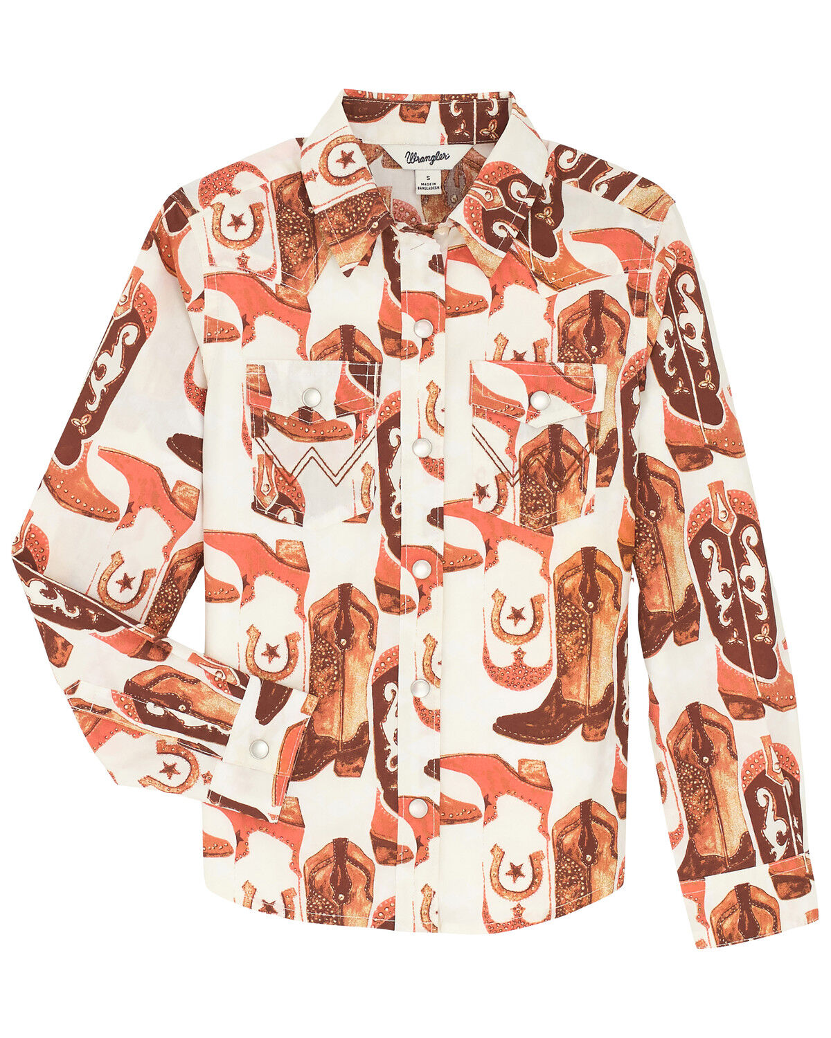 Image #1 - Wrangler Girls' Boot Print Long Sleeve Pearl Snap Western Shirt, White, hi-res