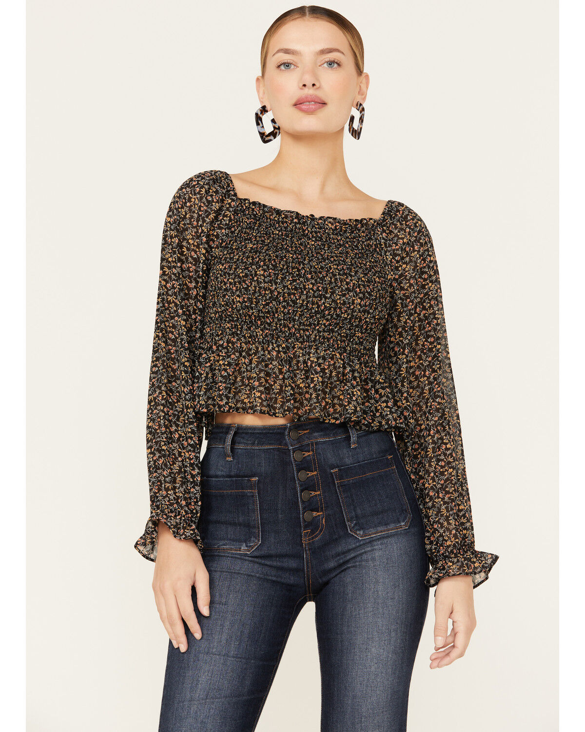 Image #1 - Beyond The Radar Women's Floral Smocked Off Shoulder Woven Long Sleeve Top, Black, hi-res