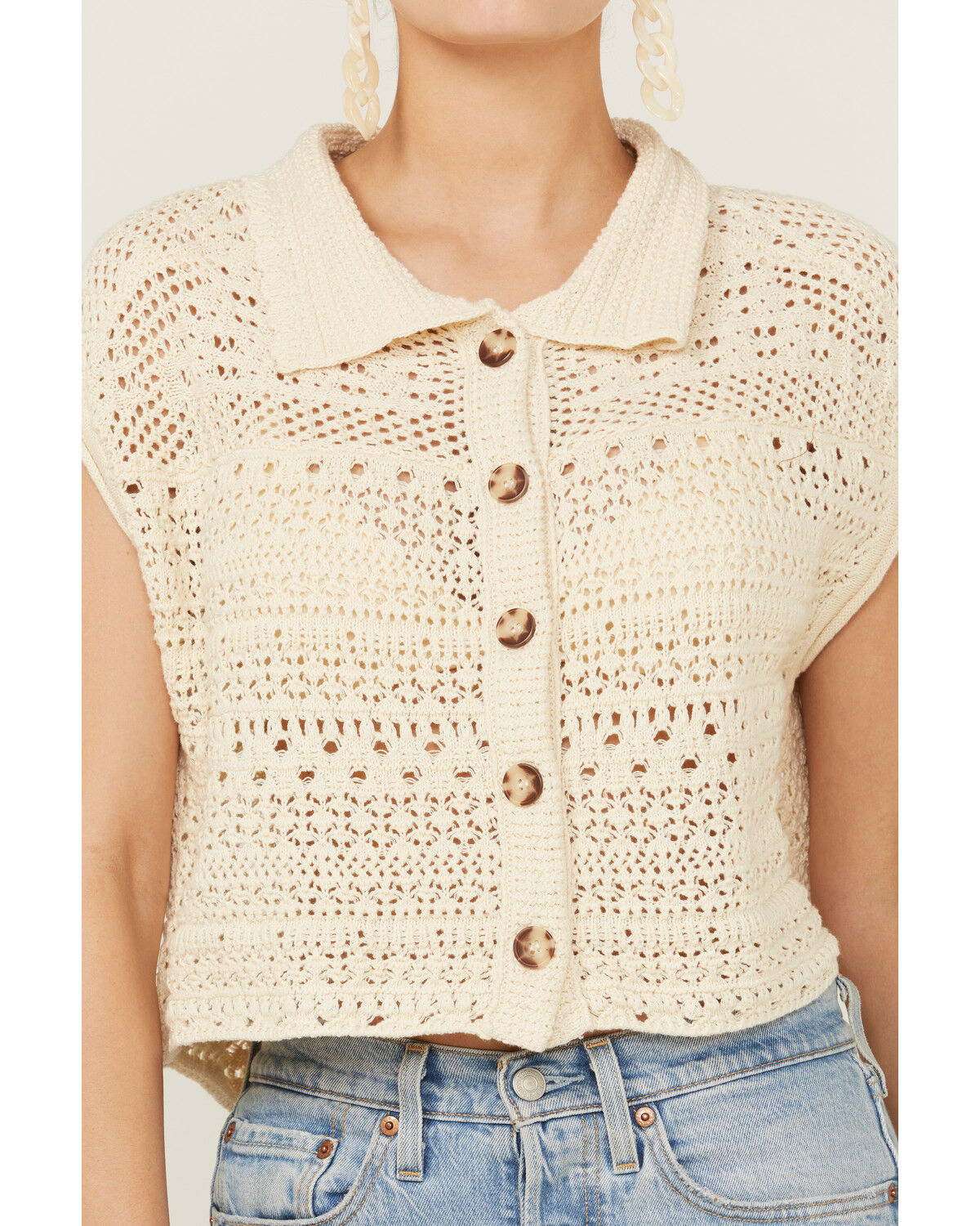 Image #3 - Beyond The Radar Women's Cream Crochet Sleeveless Sweater Top, Cream, hi-res