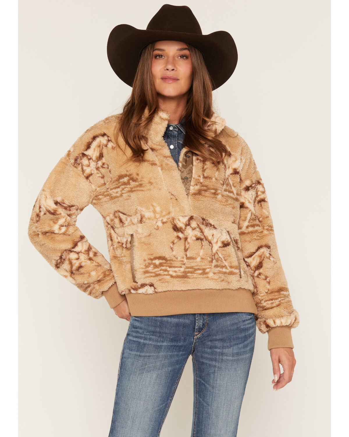 Ariat Women's Wild Horses Berber Pullover, Tan, hi-res