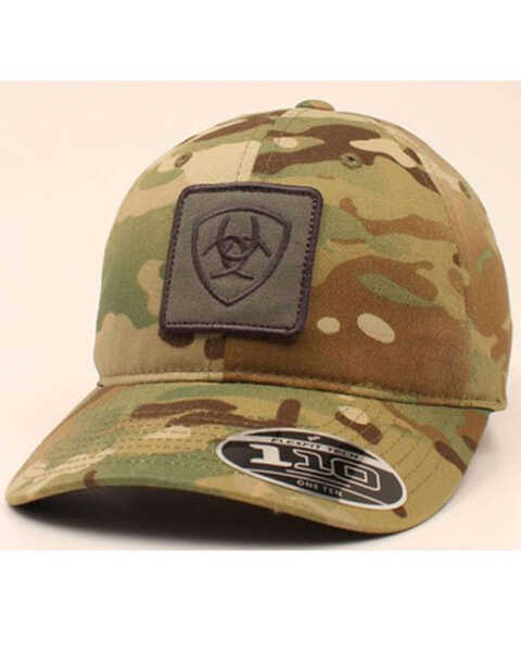 Ariat Men's Camo Print Burnt Logo Patch Flex Fit Ball Cap , Camouflage, hi-res