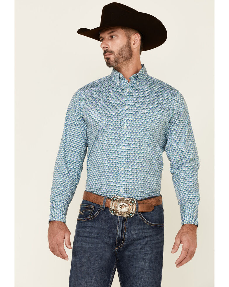 Wrangler 20X Men's Performance Diamond Geo Print Long Sleeve Button-Down Western Shirt , Blue, hi-res