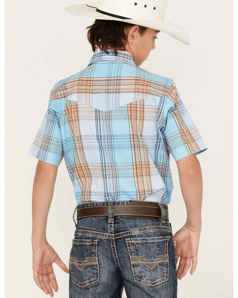 Image #4 - Panhandle Boys' Plaid Print Short Sleeve Western Pearl Snap Shirt, Light Blue, hi-res