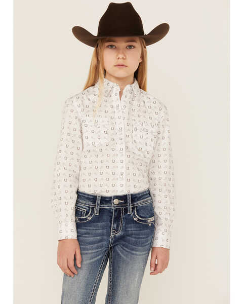 Image #1 - Rough Stock by Panhandle Girls' Horseshoe Print Long Sleeve Pearl Snap Shirt, Taupe, hi-res