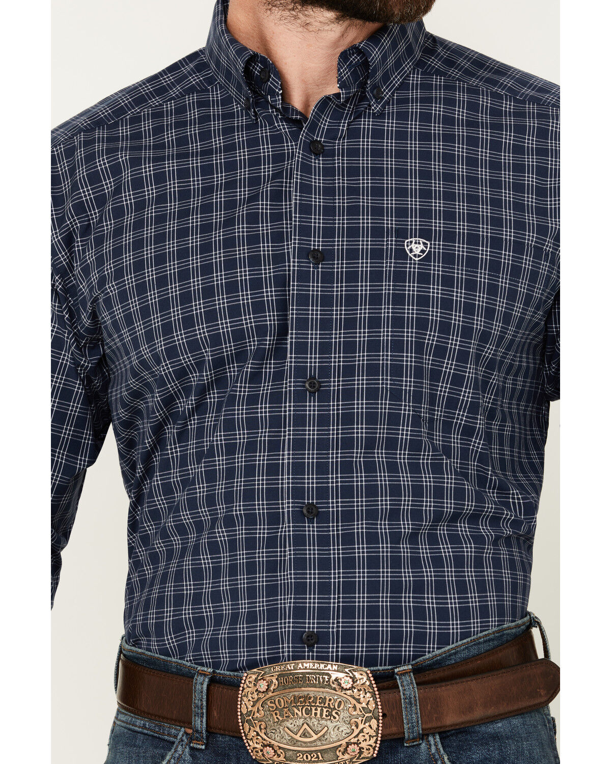 Image #3 - Ariat Men's Prestcot Windowpane Plaid Print Long Sleeve Performance Shirt - Tall, Navy, hi-res