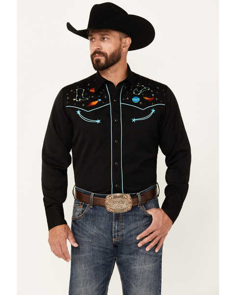 Image #1 - Roper Men's Old West Embroidered Long Sleeve Snap Western Shirt, Black, hi-res