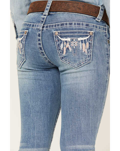 Image #2 - Shyanne Little Girls' Light Wash Steer Head & Feather Embroidered Bootcut Jeans, Blue, hi-res
