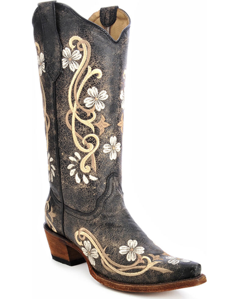 Circle G Floral Embroidered Cowgirl Boots - Snip Toe, Black, hi-res