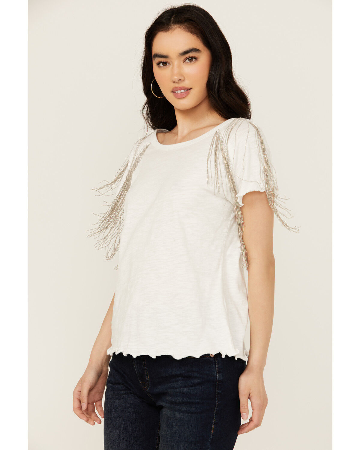 Image #1 - Blue B Women's Fringe Shoulder Tee, White, hi-res