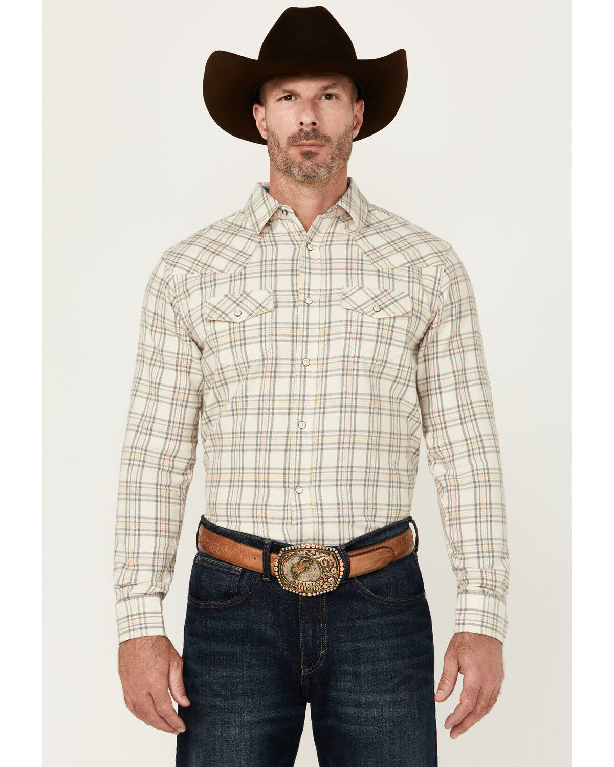 Image #1 - Cody James Men's Declaration Plaid Print Long Sleeve Snap Western Shirt, Cream, hi-res