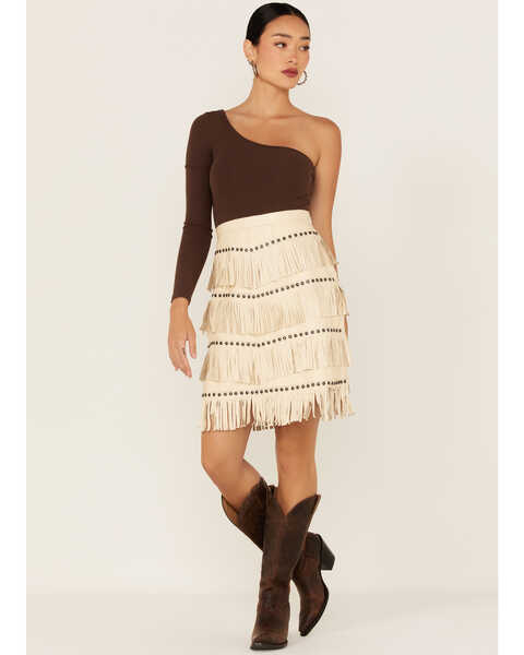 Double D Ranchwear Women's Queen Of The Rodeo Fringe Skirt, Ivory, hi-res