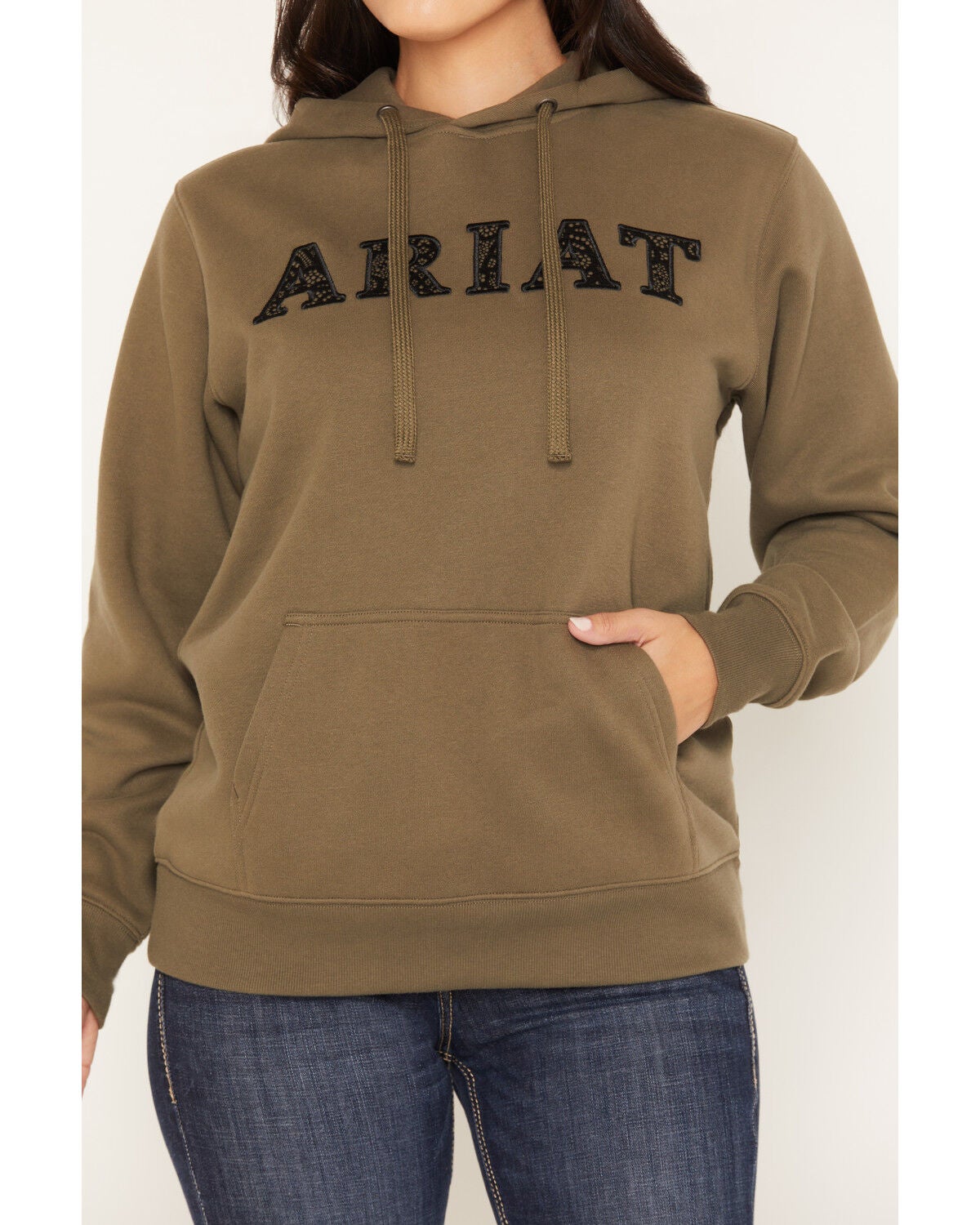 Image #3 - Ariat Women's Boot Barn Exclusive Lace Logo Hoodie, Olive, hi-res