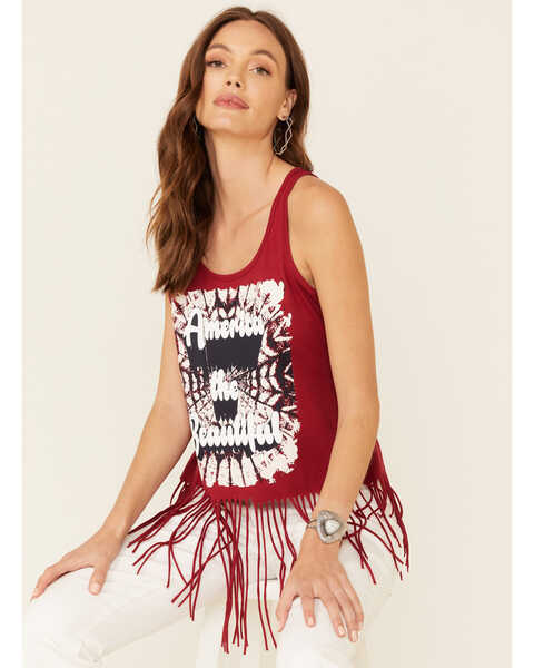 Image #1 - Shyanne Women's America The Beautiful Graphic Fringe Tank Top, Red, hi-res