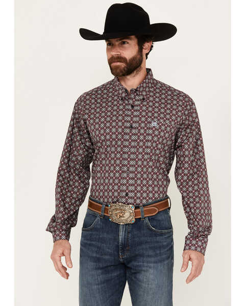 Image #1 - Cinch Men's Medallion Print Long Sleeve Button-Down Western Shirt, Dark Pink, hi-res