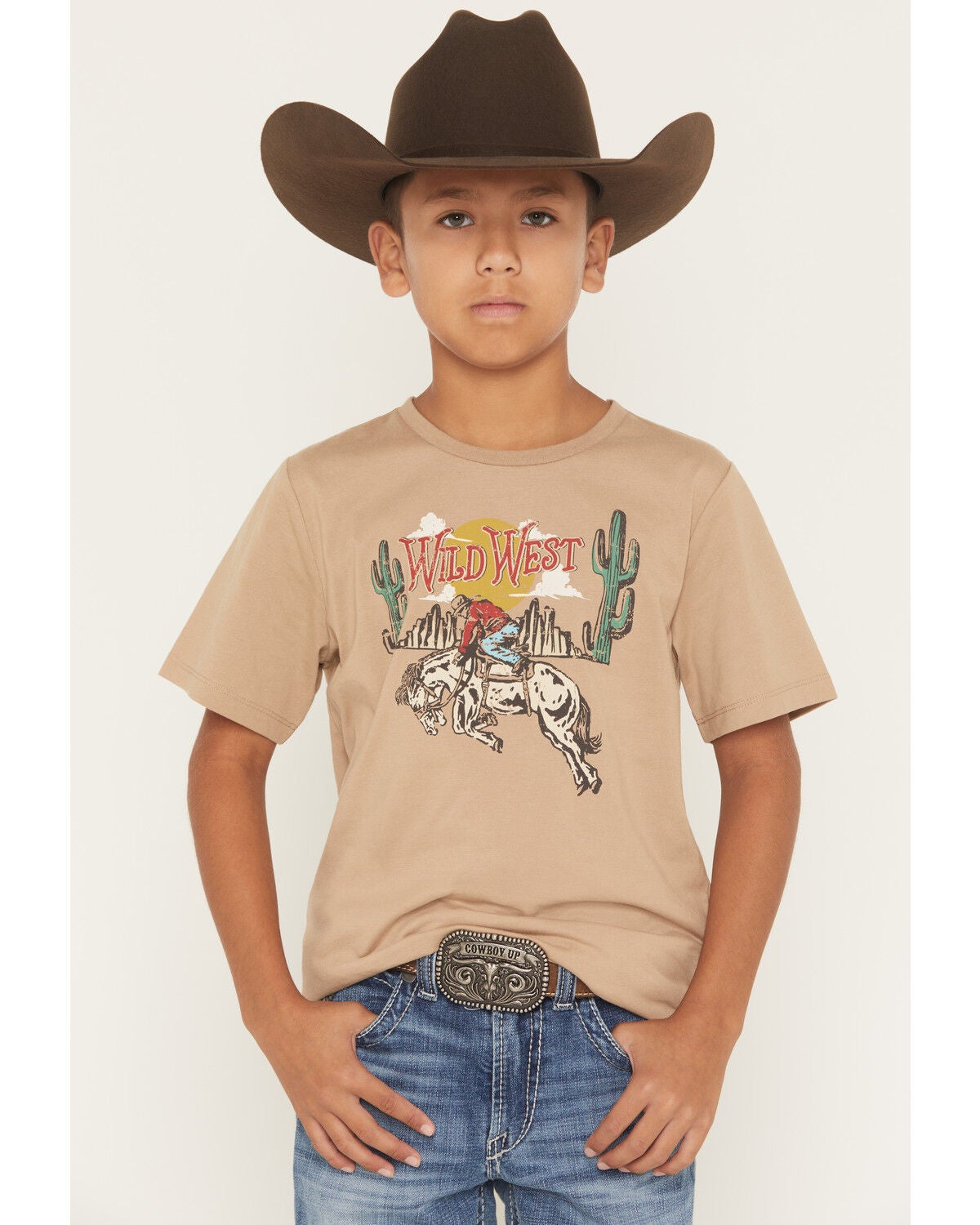 Sable Sky Boys' Wild West Short Sleeve Graphic T-Shirt, Brown, hi-res