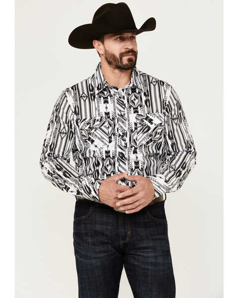 Image #1 - Rock & Roll Denim Men's Modern Fit Southwestern Print Long Sleeve Snap Stretch Western Shirt, White, hi-res