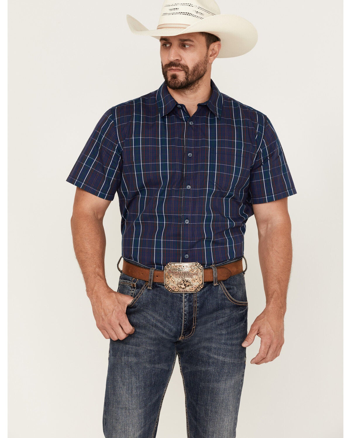 Gibson Men's Lost Leader Plaid Short Sleeve Button Down Western Shirt, Navy, hi-res