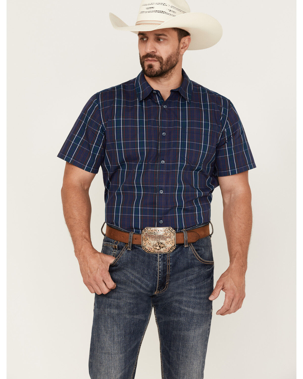 Image #1 - Gibson Men's Lost Leader Plaid Short Sleeve Button Down Western Shirt, Navy, hi-res