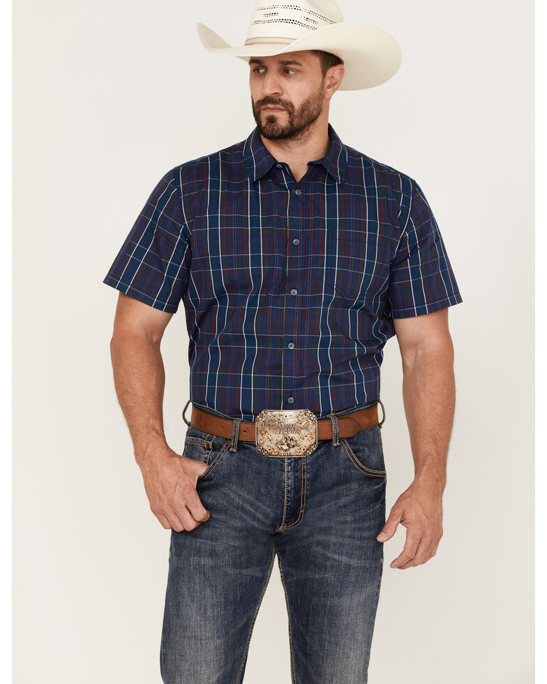 Gibson Men's Lost Leader Plaid Short Sleeve Button-Down Western Shirt , Navy, hi-res