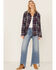 Angie Women's Blue Double Faced Fray Hem Plaid Shirt, Blue, hi-res