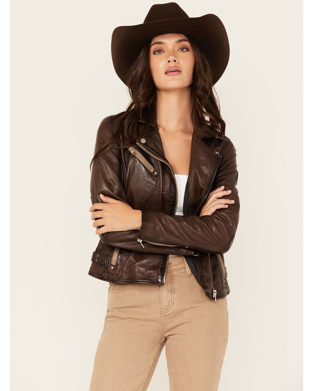 Image #2 - Mauritius Leather Women's Boot Barn Exclusive Lucky Horseshoe Leather Jacket, Brown, hi-res