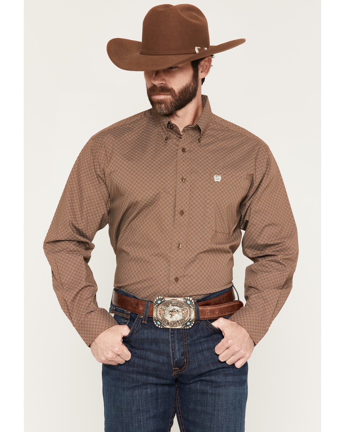 Cinch Men's Geo Print Long Sleeve Button-Down Stretch Western Shirt, Brown, hi-res