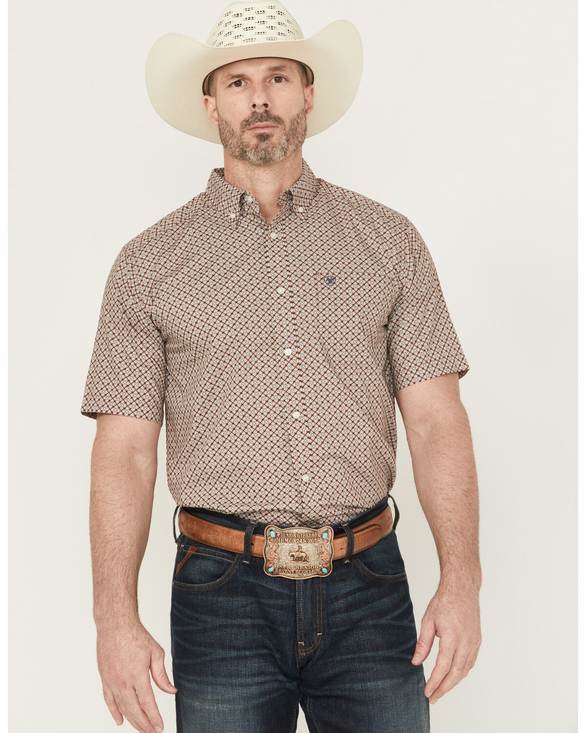 Image #1 - Ariat Men's Carmelo Floral Geo Print Short Sleeve Button-Down Western Shirt, Brown, hi-res