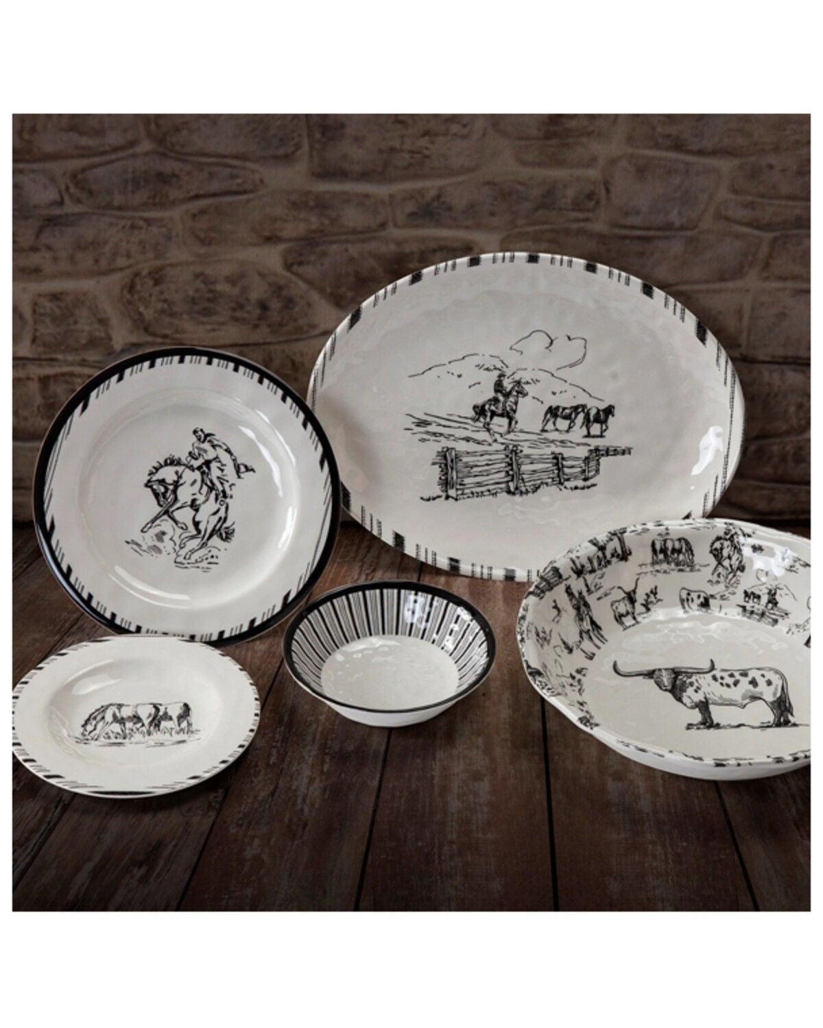 HiEnd Accents 14-Piece Ranch Life Melamine Dinnerware Set, Black/white, hi-res