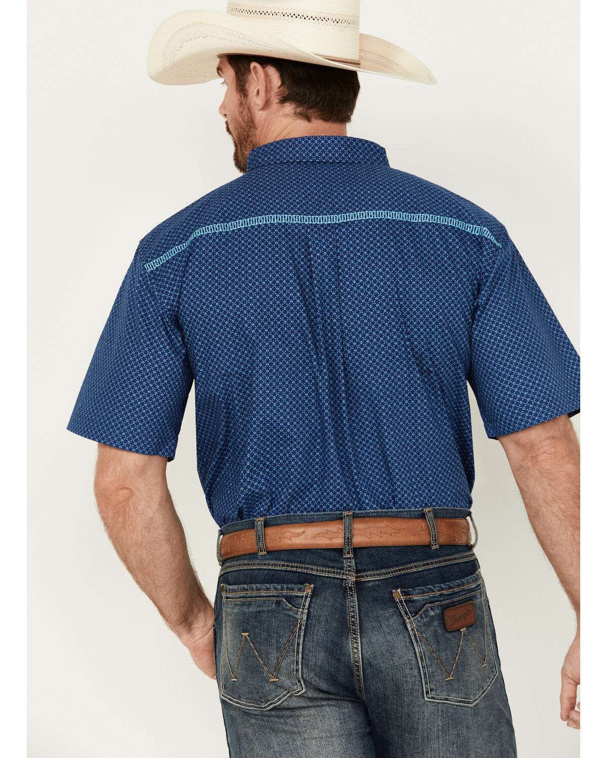 Image #4 - Cowboy Hardware Men's Boot Barn Exclusive Diamond Quilt Geo Print Short Sleeve Button-Down Western Shirt, Navy, hi-res
