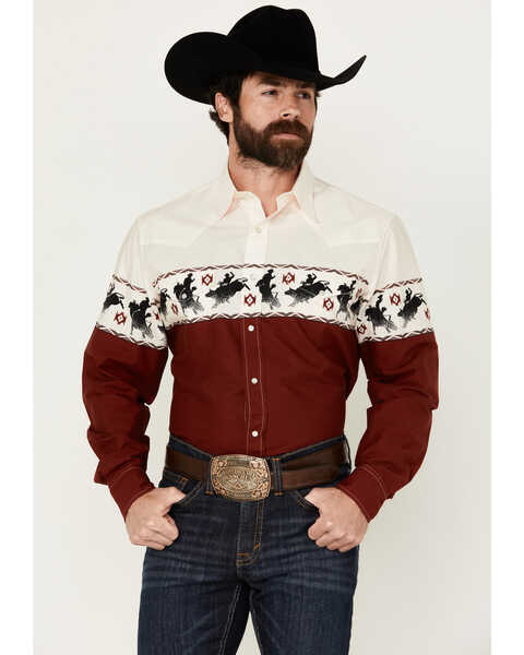 Image #1 - Roper Men's Vintage Bull Rider Border Print Long Sleeve Pearl Snap Western Shirt, Dark Red, hi-res