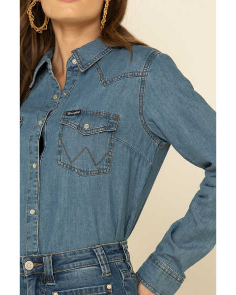Image #3 - Wrangler Women's Medium Denim Snap Long Sleeve Western Shirt , Blue, hi-res