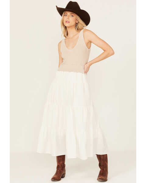Revel Women's Knit Bodice Tiered Maxi Dress, White, hi-res