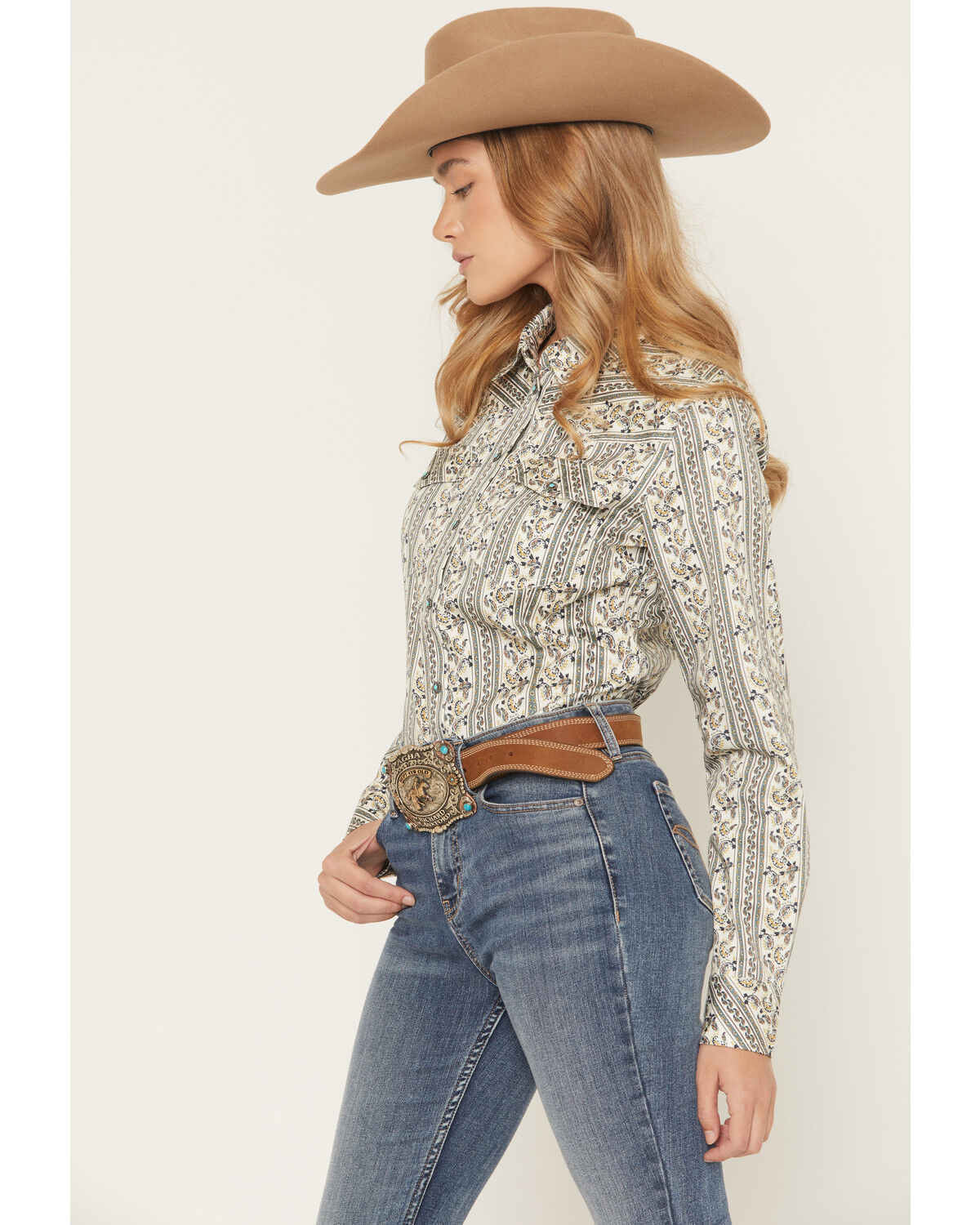 Image #2 - Shyanne Women's Paisley Wallpaper Print Long Sleeve Snap Stretch Western Shirt, Cream, hi-res