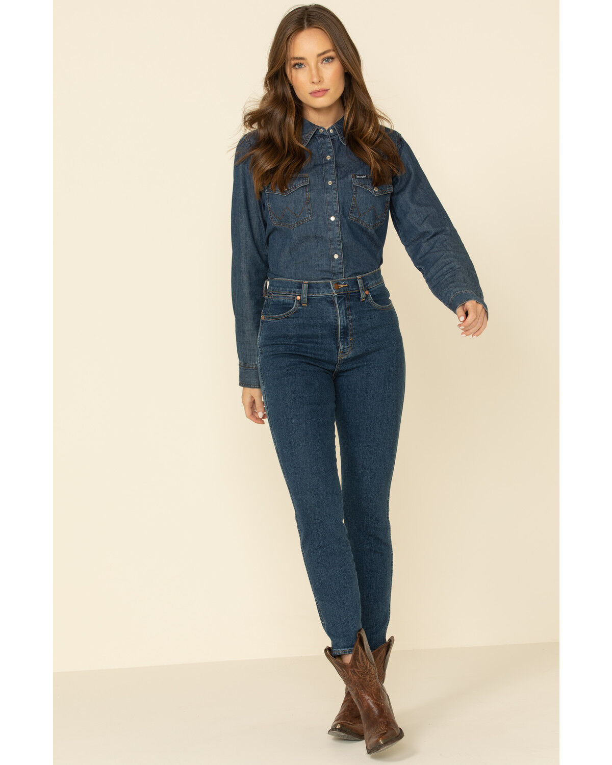 Image #2 - Wrangler Women's Dark Wash Long Sleeve Pearl Snap Denim Western Shirt, Blue, hi-res